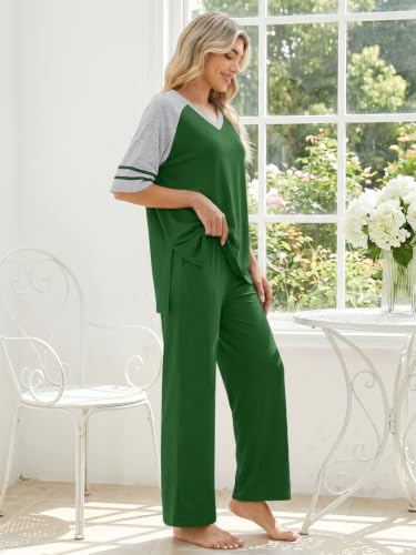 Anyhold Lounge Sets for Women Fall Pajamas Set 2 Piece Outfits - color: Dark Green, size: Small
