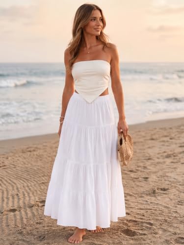Women's White Maxi Skirt Summer Boho Long Flowy Pleated Tiered High Waist A-Line Flared Skirts - color: White, size: X-Large Short