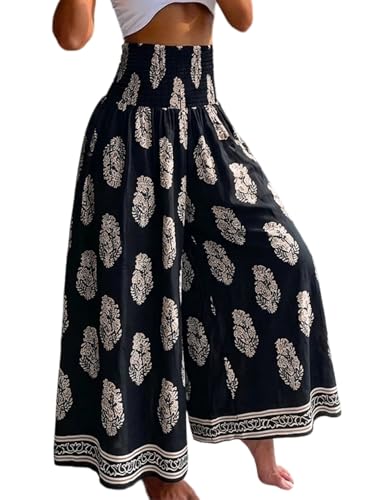 CHICME Womens Boho High Waisted Wide Leg Palazzo Pants Beach Vacation Wear - color: Black, size: Large