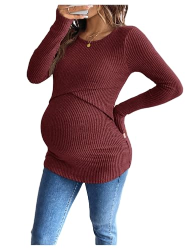 MakeMeChic Women's Maternity Shirts Nursing Top Fall Maternity Clothes - color: Burgundy, size: Small