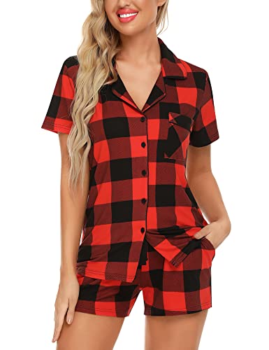 Samring Womens Pajamas Set Short Sleeve Button Down Sleepwear 2 Piece Pjs - color: Red and Black Plaid, size: X-Large