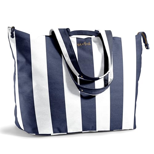 Fit & Fresh All The Things XL Beach Bag for Women, Oversized Travel Tote - color: Navy Stripe