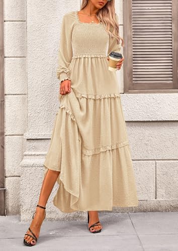 PRETTYGARDEN Women's Smocked Long Sleeve Maxi Dress Wedding Guest Dresses - color: Beige, size: Medium