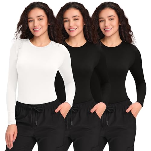 COZYFIT 3 Pack Underscrub Long Sleeve Women, Undershirts, High Crew Neck - color: Black/Black/White, size: Small
