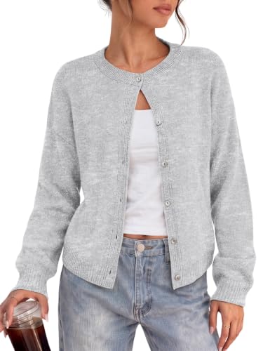 LILLUSORY Womens Crew Neck Button Down Cardigan Sweater - color: Light Grey, size: Large