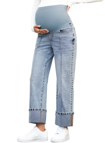 BLENCOT Maternity Jeans Over Belly Straight Leg Denim Pants with Pockets - color: Light Blue, size: Medium