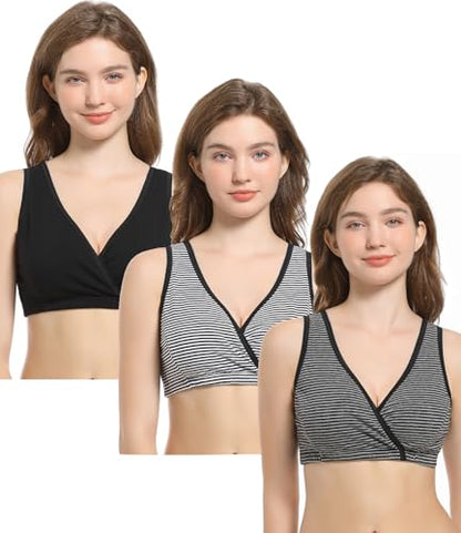 CAKYE 3 Pack Maternity Nursing Sleep Bra Breastfeeding Cotton Bralette - color: Black/Small White Black Stripe/Black Dark Gray Stripe, size: Medium