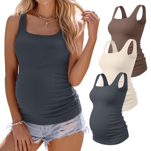 3 Pack Maternity Tank Tops Pregnancy Shirts - color: Charcoal Gray, Apricot, Brown, size: Small