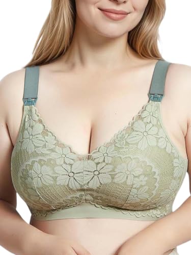 Lace Nursing Bras for Breastfeeding, Plus Size Maternity Sleep Bra, Mulberry Silk Liner Pregnancy Bra Wirefree Bralette - color: Green, size: Medium