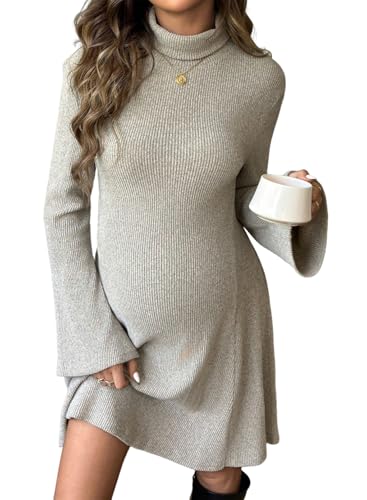 BLENCOT Womens Midi Maternity Dress Rib Knit Mock Neck Fall Casual Dresses - color: Apricot, size: Medium