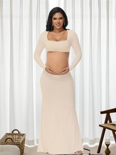 Women's Maternity Elegant Fitted Maxi Dress for Photoshoot - color: Beige, size: Medium