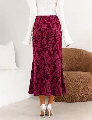 MEROKEETY Women's Fall Floral Velvet Maxi Skirt - color: Wine, size: Medium