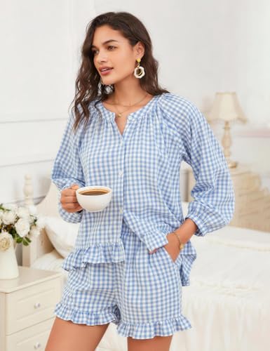 Flygo Womens Gingham 2 Piece Pajama Sets Y2K Cotton Ruffle Short Sets - color: Blue, size: Small