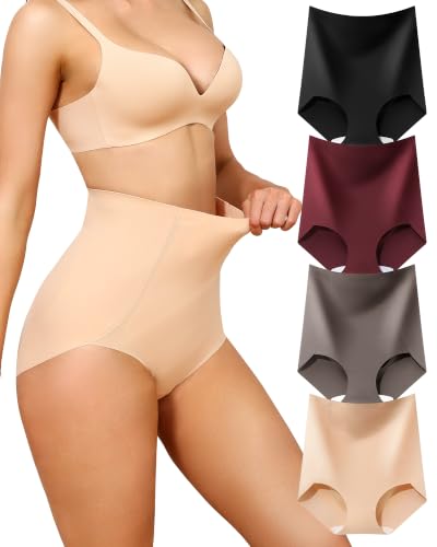 LEVAO Women's Tummy Control Underwear High Waisted Seamless Panties 4 Pack - color: Black,nude,reddish Brown,khaki, size: Small