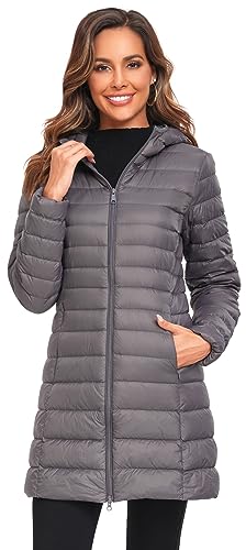 Obosoyo Women's Winter Packable Down Jacket Plus Size Ultralight Long Down Outerwear Puffer Jacket Hooded Coat - color: Darkgrey, size: Large