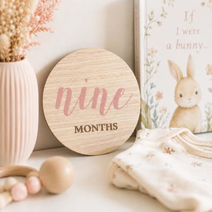 Kate & Milo Wooden Baby Monthly Milestone Discs, Pink Script Design - color: Pink Text Circle