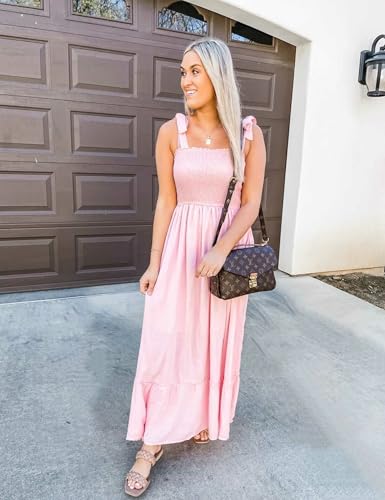 Tobrief Women's Boho Dress Summer Spaghetti Strap Square Neck Flowy Ruffle Beach Long Maxi Dress - color: 03 Pink, size: Medium