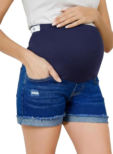 BLENCOT Maternity Jean Shorts Over Belly Stretchy Fold Hem Denim Pants - color: Sail Blue, size: Medium