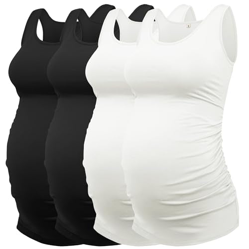 AMPOSH Womens Maternity Tank Tops 3 Pack Cotton Sleeveless Ruched Side Pregnancy Postpartum Shirts Soft Stretch Basic Top - color: Black/Black/White/White, size: Medium
