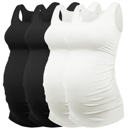 AMPOSH Womens Maternity Tank Tops 3 Pack Cotton Sleeveless Ruched Side Pregnancy Postpartum Shirts Soft Stretch Basic Top - color: Black/Black/White/White, size: Medium