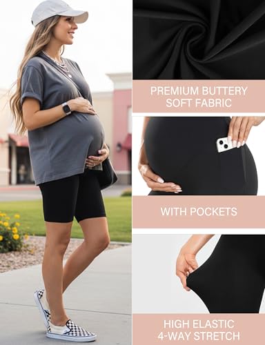 CTHH 4 Pack Soft Maternity Biker Shorts Over Belly with Pockets 8" - color: 02- 4 Pack Black, size: Small