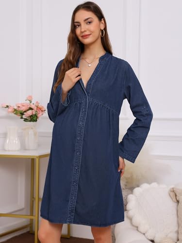 Women's Maternity Denim Dress Babydoll Long Sleeve Cotton Button Down Shirt Dresses Fall - color: Deep Blue, size: Large