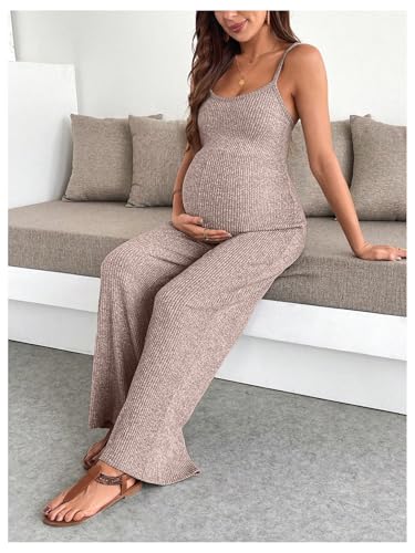 MakeMeChic Women's Maternity Cami Jumpsuit Ribbed Pregnancy Overalls Romper - color: Pink, size: Large