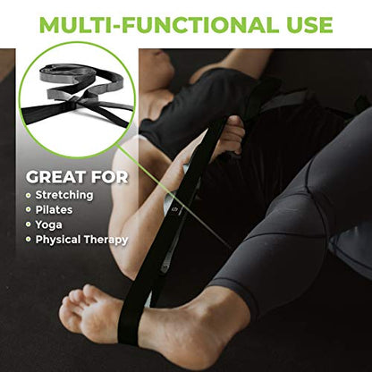 Physical Therapy Yoga Stretch Strap with 12 Loops, 1 Inch Wide, 8 Ft Long - color: Black/Grey