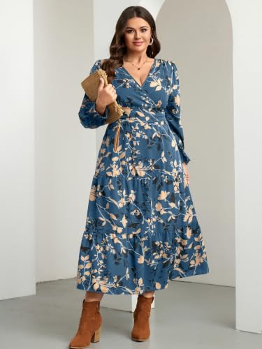 RWJ Women's Plus Size Fall Wedding Guest Dress Long Sleeve Maxi with Pocket - color: Dusty Blue Floral, size: 3X-Large Plus