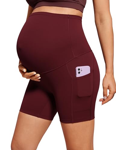 CRZ YOGA Maternity Biker Shorts Pockets 5" - color: Red Merlot, size: Large