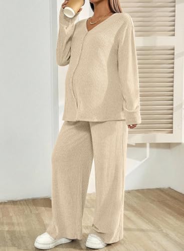 BLENCOT Maternity Lounge Set 2 Piece Long Sleeve Top and Pants with Pockets - color: Beige, size: Medium