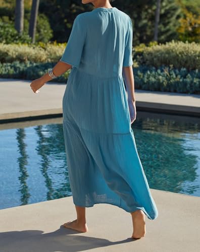 R.Vivimos Womens Summer Cotton Casual Flowy Maxi Dress - color: Blue, size: Large