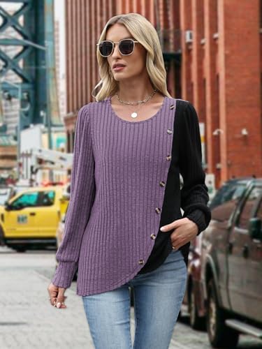 MixShe Womens Knit Sweaters 2026 Fall Winter Casual Long Sleeve Ribbed Colorblock Button Pullover Tops - color: Purple, size: Large