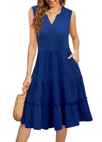 Summer Dresses for Women 2026 Flowy Casual Boho Midi Sun Dress with Pockets - color: Solid-blue, size: Medium