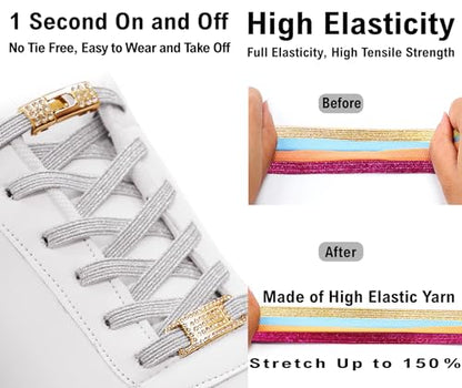 Elastic No Tie Shoe Laces with Bling Diamond Locks & Charms for Women's Sneakers - color: 01 Glitter White- Gold