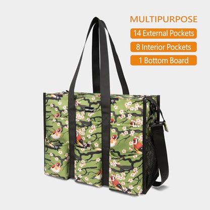 TOPDesign Utility Water Resistant Tote Bag with 22 Pockets, Zipper Closure - color: Bird, size: Medium