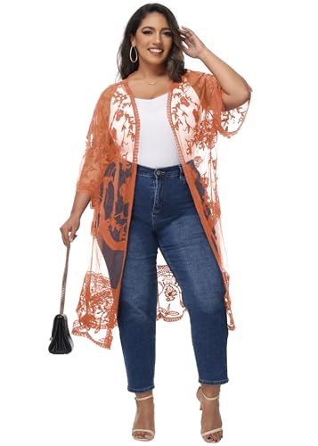 Anna-Kaci Women's Plus Size Lace Cardigan Embroidered Long Kimono Dusters with Half Sleeves - color: Rustic Orange, size: X-Large-XX-Large