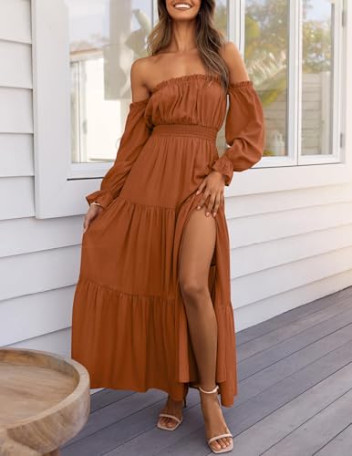 ZESICA Womens Fall Long Sleeve Boho Off Shoulder Maxi Dresses - color: Caramel, size: X-Large