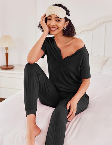Ekouaer Pajama Sets for Womens 2 Piece Jogger Pants Lounge Set - color: Black, size: XX-Large