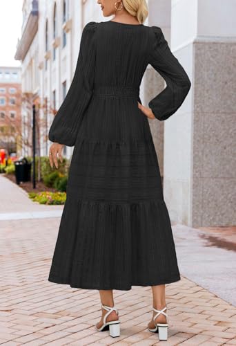 MEROKEETY Womens Fall Puff Long Sleeve Casual V Neck Modest Midi Maxi Dress - color: Black, size: X-Large