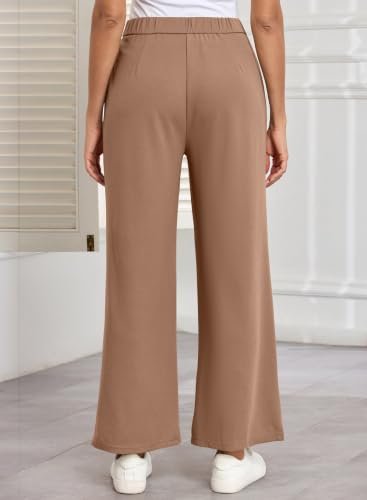 BLENCOT Maternity Pants Work Waffle Knit Wide Leg Pregnancy Trousers - color: Brown, size: Small
