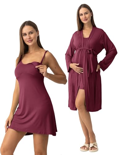 SUNNYBUY Nursing Nightgown & Maternity Robe Set for Postpartum Sleepwear - color: Burgundy, size: Large