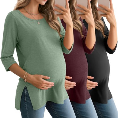 3 Pack Women's 3/4 Sleeve Maternity Loose Crewneck Tops - color: Light Green, Wine Red, Black, size: Medium
