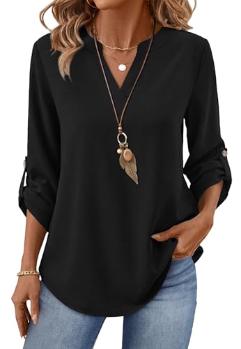 XIEERDUO 3/4 Length Sleeve Womens Tops V Neck T Shirts Both Side Buttons Blouses Business Casual Outfits Loose Fit - color: Black, size: X-Large