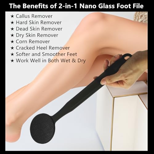 Long Handle Nano Glass Foot File Callus Remover, 2-in-1 Foot Scrubber, Hard & Dead Skin Remover, Double Sided Pedicure Tool Scraper with Sand Paper for Soft and Smooth Feet, Clear Black - color: Clear Black