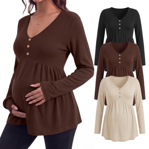 Cutecrop 3 Pack Maternity Long Sleeve V Neck Shirt - color: Black, Brown, Apricot, size: Medium