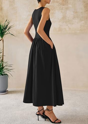 PRETTYGARDEN Pleated Maxi Dresses for Women with Pockets - color: Black, size: Medium