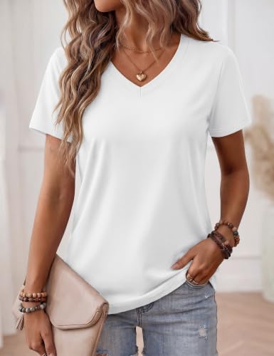 YUCOLEN Womens Shirts Cotton Short Sleeve Tops V Neck Casual Basic Tees - color: A-white, size: Medium