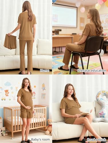 DANSHOW Women Nursing Pajamas Set Breastfeeding Loungewear - color: Brown, size: Medium