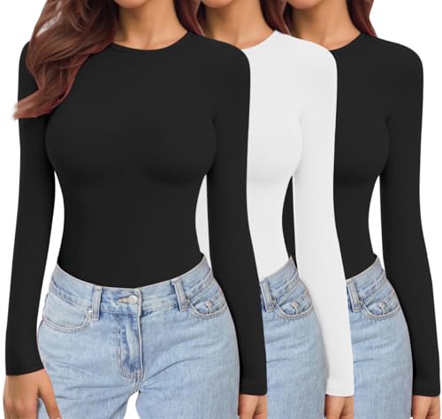 Ekouaer Womens 3 Pack Long Sleeve Shirts Stretch Fitted Thermal Underscrubs - color: Black/Black/White, size: X-Large